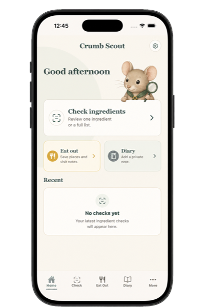 Crumb Scout app home screen displayed on a phone